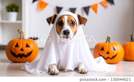 Cute Dog in White Halloween Cloak 130044021