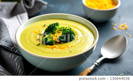 A healthy and delicious creamy broccoli and cauliflower soup in a bowl with croutons and parsley 130044036