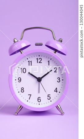 A purple alarm clock with bells on top sits isolated on a purple background 130044045