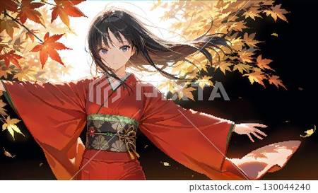 Pixel art of a woman wearing a kimono against a background of autumn leaves 130044240