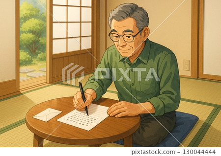 一位老人在日式房間寫信 130044444