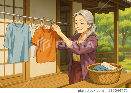 一位老婦人正在晾衣服 一位老婦人正在晾衣服 130044471