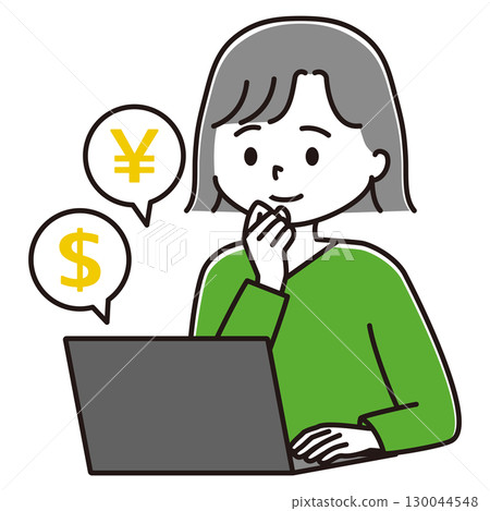 Woman operating a laptop, smiling, investment, foreign currency 130044548