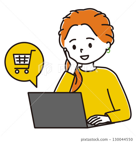 Woman operating a laptop, smiling, shopping 130044550