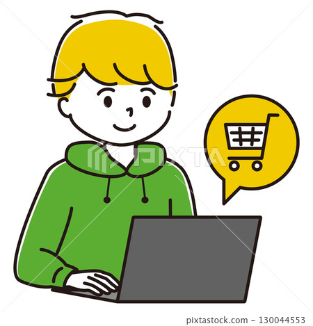 A man operating a laptop, smiling, shopping 130044553