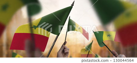 Senegal flags in their hands on a blurred urban background Senegal flags in their hands on a blurred urban background 130044564