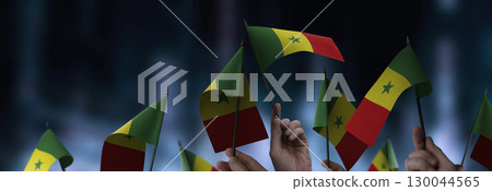 Senegal flags in their hands on a blurred urban background 130044565