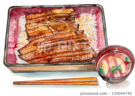 鰻魚、木筷子和湯的水彩畫 130044740