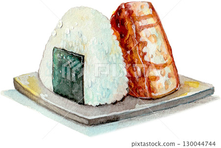 Watercolor rice balls and grilled rice balls 130044744
