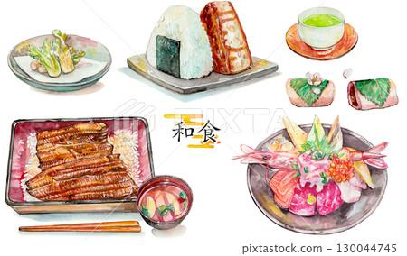 Various Japanese dishes drawn in watercolor Various Japanese dishes drawn in watercolor 130044745