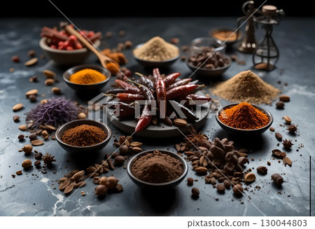 Chili Pepper and Spice Assortment on a Dark Surface Chili Pepper and Spice Assortment on a Dark Surface 130044803