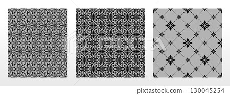 Geometric floral set of seamless patterns. Gray and black vector backgrounds. Damask graphic ornaments Geometric floral set of seamless patterns. Gray and black vector backgrounds. Damask graphic ornaments 130045254