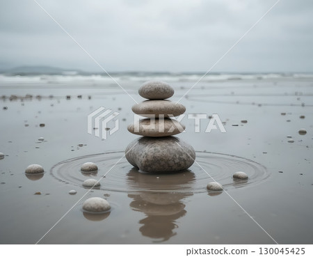 Stacked Stones on a Misty Beach Stacked Stones on a Misty Beach 130045425