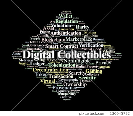 Digital Collectibles Word Cloud. Core Concepts On Blockchain Assets, Tokenization, Ownership, Scarcity, Market Dynamics, And The Evolution Of Digital Value In Virtual Economies. Digital Collectibles Word Cloud. Core Concepts On Blockchain Assets, Tokenization, Ownership, Scarcity, Market Dynamics, And The Evolution Of Digital Value In Virtual Economies. 130045752