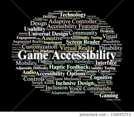 Game Accessibility Word Cloud. Key Concepts On Inclusive Design, Assistive Technology, Disability Support, Usability, And Universal Access In Gaming Environments. Game Accessibility Word Cloud. Key Concepts On Inclusive Design, Assistive Technology, Disability Support, Usability, And Universal Access In Gaming Environments. 130045753
