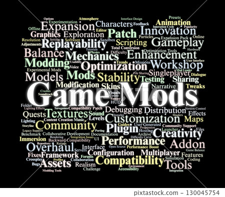 Game Mods Word Cloud. Key Concepts On Customization, Expansion, Tools, Community, Compatibility, And Creative Innovation In The Gaming Ecosystem. Game Mods Word Cloud. Key Concepts On Customization, Expansion, Tools, Community, Compatibility, And Creative Innovation In The Gaming Ecosystem. 130045754