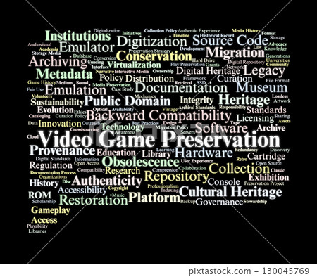 Video Game Preservation Word Cloud. Concepts On Archiving, Digitization, Heritage, Emulation, Technology, And Strategies To Protect Interactive Digital History. 130045769