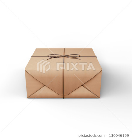Minimalist Brown Paper Wrapped Gift Box with Twine on White Background. 3D Illustration. File with Clipping Path 130046199