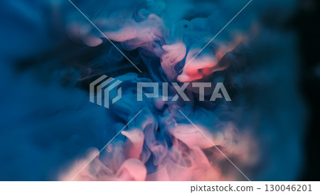 Fluid mix. Swirling mist. Defocused pink blue color paint water wave texture floating on abstract dark black light art background. Fluid mix. Swirling mist. Defocused pink blue color paint water wave texture floating on abstract dark black light art background. 130046201