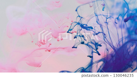 Smoke stream. Pigment blend. Pink blue drop spill in white defocused cloud water. Steam splash color pigment swirl mix abstract background. 130046235