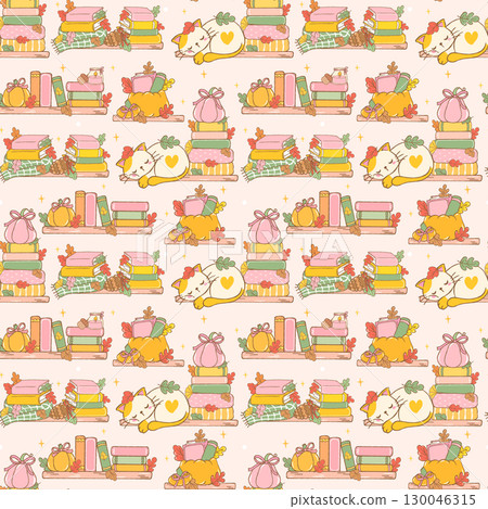 Cozy Fall Bookshelf Reading Seamless Pattern Girly Autumn Bookish Book and Cat Lover Wallpaper printable 130046315