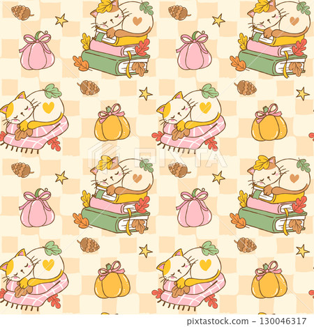 Retro Cozy Fall Reading Seamless Pattern Girly Autumn Bookish Book and Cat Lover Wallpaper printable 130046317