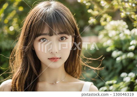 公園裡微笑的年輕女人 130046319