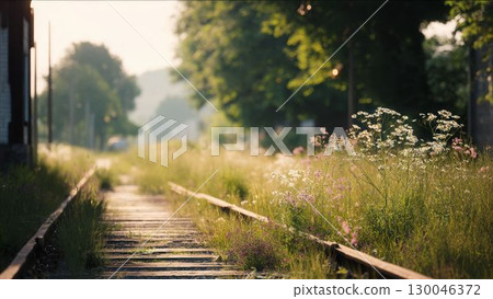 廢棄鐵路線和野花的明亮風景_2 130046372