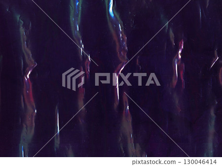 Crumpled foil. Glitch glow flare. Fiction color light wave scratch defocused black background. Distressed purple distortion surface. Crumpled foil. Glitch glow flare. Fiction color light wave scratch defocused black background. Distressed purple distortion surface. 130046414