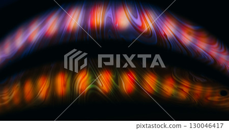 Multicolor liquid defocused. Paint bubble. Arch oil emulsion blend in light flare on black water. Abstract fluid stripe background. Multicolor liquid defocused. Paint bubble. Arch oil emulsion blend in light flare on black water. Abstract fluid stripe background. 130046417