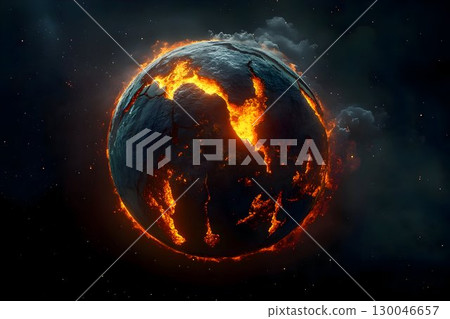 3D concept illustration of an abstract planet floating in the darkness of space 130046657