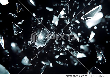 3D illustration of shattered glass pieces, mid-air 130046658