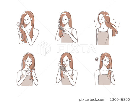 Illustration set of a woman with damaged hair taking care of her hair Illustration set of a woman with damaged hair taking care of her hair 130046800