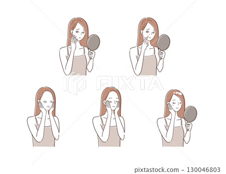 Illustration set of a woman suffering from rough skin and doing skin care Illustration set of a woman suffering from rough skin and doing skin care 130046803