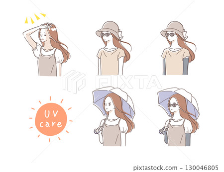 一名婦女採取措施抵禦紫外線和中暑的插圖集 130046805