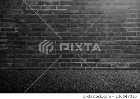 Surface of the black floor and wall. Abstract pattern of tile floor and brick wall. Mock up. Copy space. Wall textured background 130047010