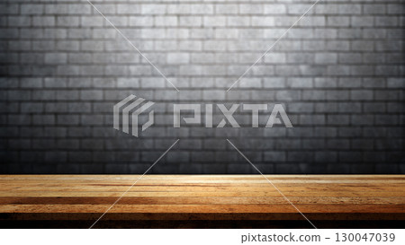 Rustic wooden table or shelf for product display with brick wall background. Product presentation, mockup, copy space, and template Rustic wooden table or shelf for product display with brick wall background. Product presentation, mockup, copy space, and template 130047039