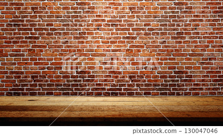 Rustic wooden table or shelf for product display with brick wall background. Product presentation, mockup, copy space, and template 130047046
