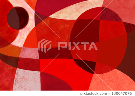 拼貼風格的彩色平面組成，紅色曲線變化，有兩個扭曲的圓圈 2 130047076