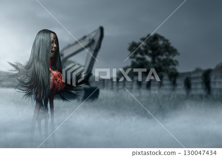 Kuyang, Kunyang, Palasik or Krasue ghost. Evil, demon, satan, monster figure from Kalimantan, Indonesia, Southeast Asia. Witch or shaman separates the head from the body. Concept of Spooky Halloween 130047434