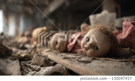 Abandoned doll factory creepy broken dolls scattered on dusty wooden shelf eerie atmosphere Abandoned doll factory creepy broken dolls scattered on dusty wooden shelf eerie atmosphere 130047457