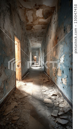 Crumbling asylum hallway peeling paint faint light abandoned eerie decay ruin Crumbling asylum hallway peeling paint faint light abandoned eerie decay ruin 130047458