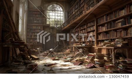 Crumbling library with fallen books, dust, sunlight, and old wooden shelves create nostalgic mood 130047459