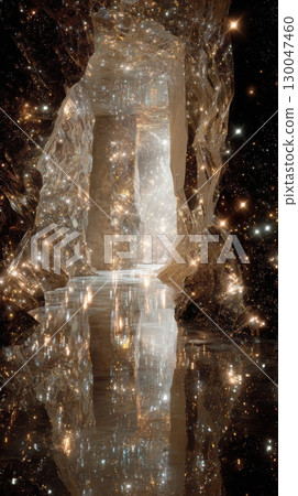 Crystal encrusted cavern sparkling walls light reflection fantasy glowing mysterious interior Crystal encrusted cavern sparkling walls light reflection fantasy glowing mysterious interior 130047460