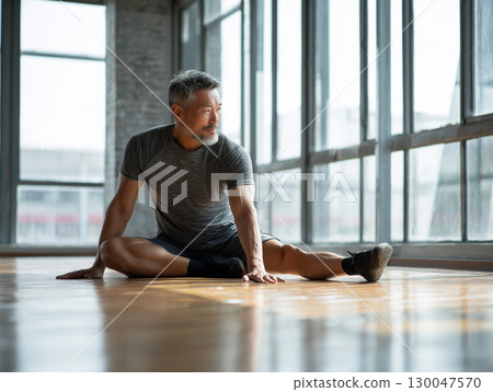 一位 60 多歲男子在豪華健身房鍛鍊的肖像（健康、公共關係、教育） 130047570