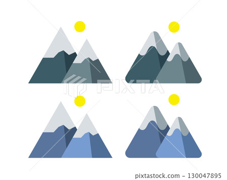 Set of illustrations of icons of snowy mountains with moon and rising sun 130047895