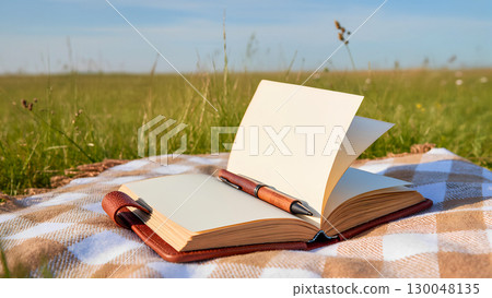 An open notebook and pen lie on a checkered blanket in a field on a sunny day. The clean pages are ready for new notes, thoughts and plans. The atmosphere is calm and peaceful, the green grass and blu 130048135