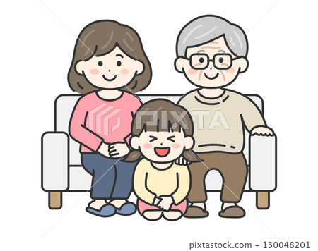 敬老日，女孩與祖父和母親一起拍攝全家福的插圖 | 敬老日 130048201