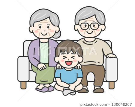Illustration of a boy taking a photo with his grandparents on the sofa on Respect for the Aged Day | Respect for the Aged Day 130048207