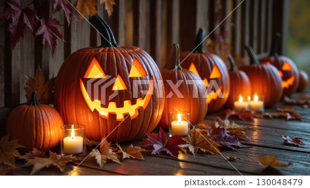 Row of glowing jack-o'-lanterns with candles and autumn leaves on wooden porch decorated for Halloween evening 130048479